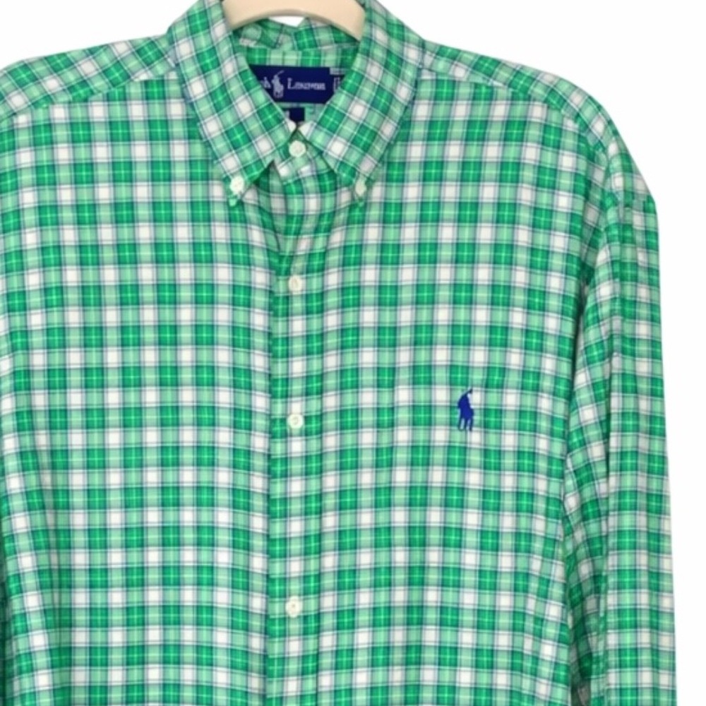 Ralph Lauren Mens Large Blake Button Down Shirt Green‎ White Plaid Long Sleeve